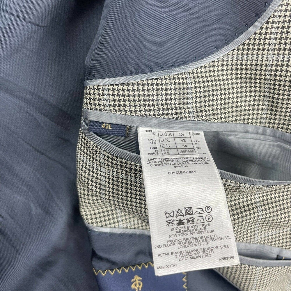 Brooks Brothers Full Canvas Gray Blue Windowpane Check Wool Silk Drago 42L - Picture 6 of 7